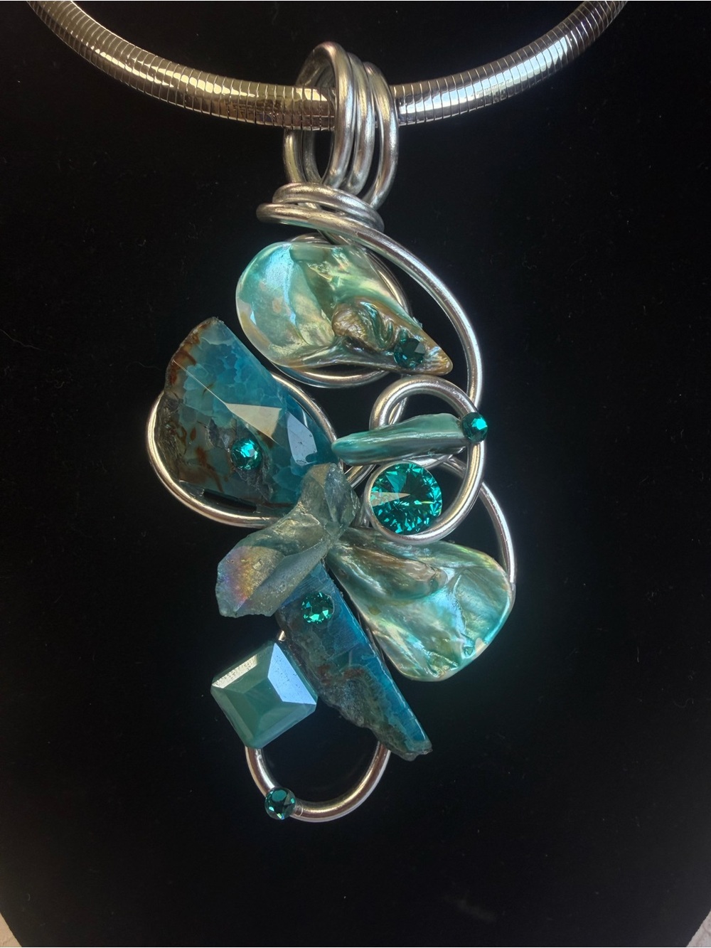 Handcrafted Blue Swarovski Crystals, Needles Blue Agate, Blue Green Abalone